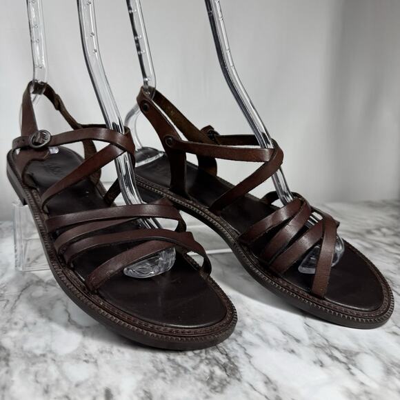 Bass Shoes - Vintage Strappy Brown Leather Sandals Womens Size 9 Made In Italy Buckle Flat